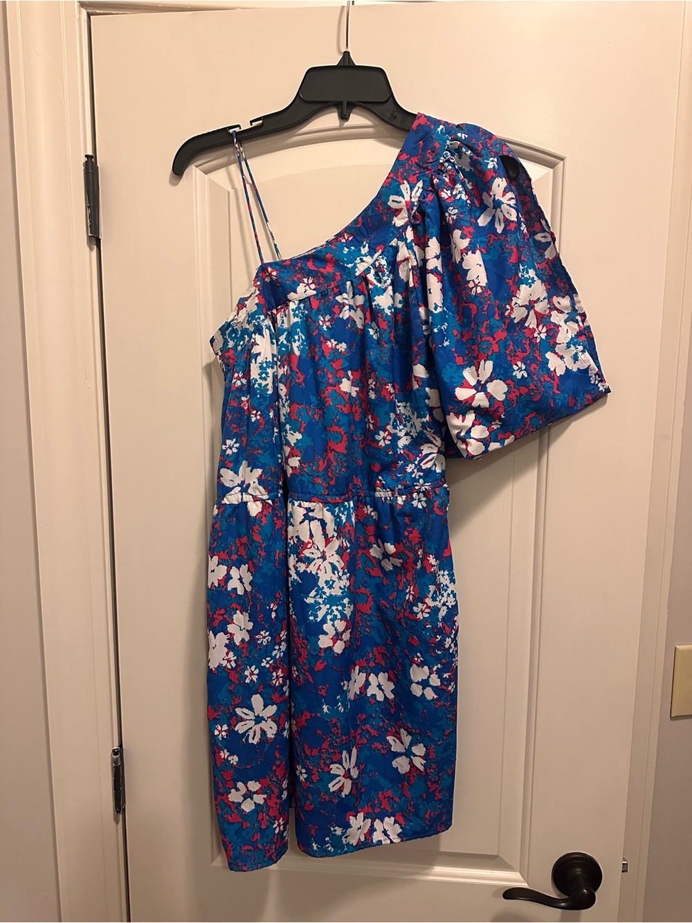One-Shoulder Blue Floral Dress with Pink & White Accents